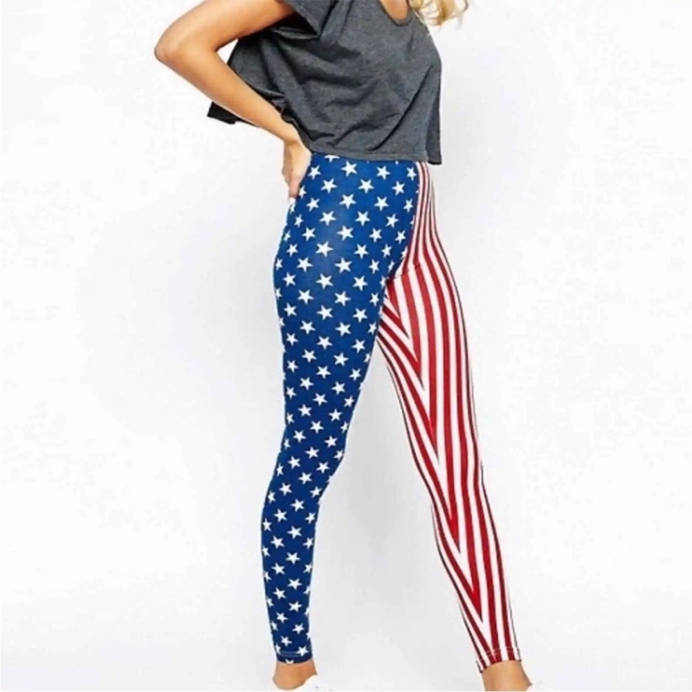 CashCat Patriotic USA‎ American Flag Printed Metallic Legging Medium